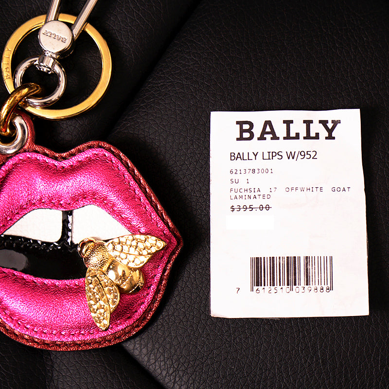 NEW $395 BALLY Pink Leather LIPS GOLD METAL BEE LOGO Bag Fob KEYRING Made ITALY