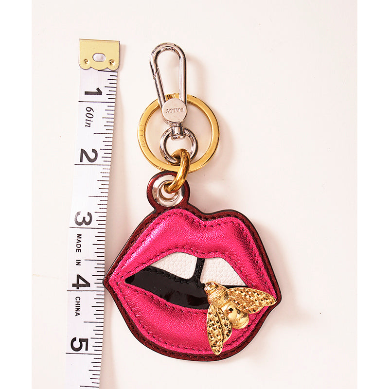 NEW $395 BALLY Pink Leather LIPS GOLD METAL BEE LOGO Bag Fob KEYRING Made ITALY