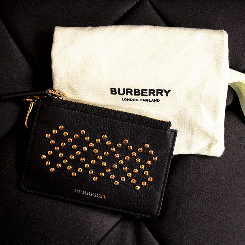 NEW $345 BURBERRY Black Leather GOLD STUDDED Zip Pouch WALLET CARD CASE NWOT