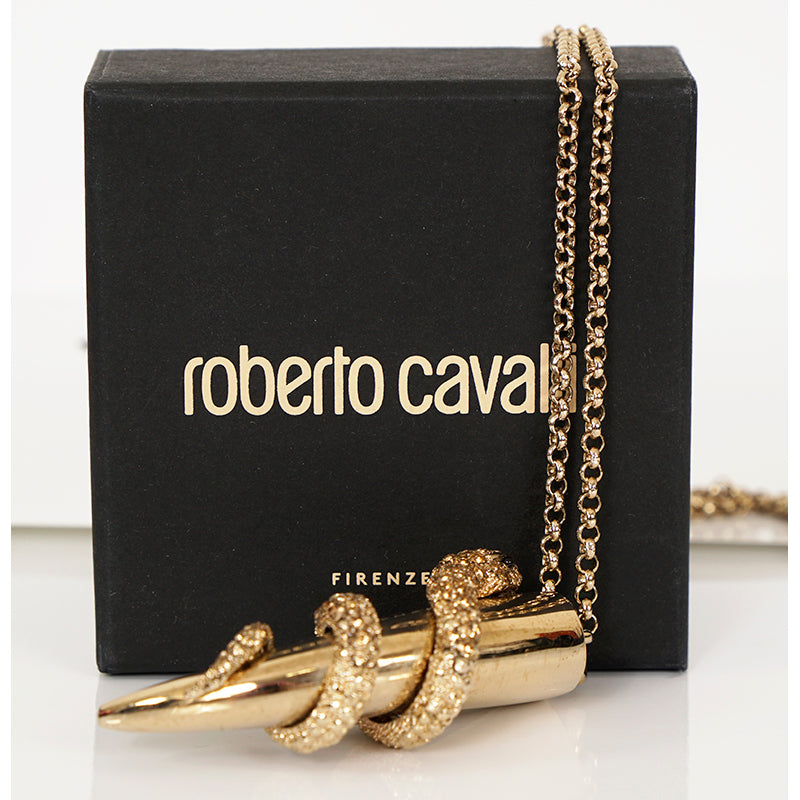 NEW $715 ROBERTO CAVALLI Gold Tone SNAKE HORN Swarovski Crystal Long NECKLACE
