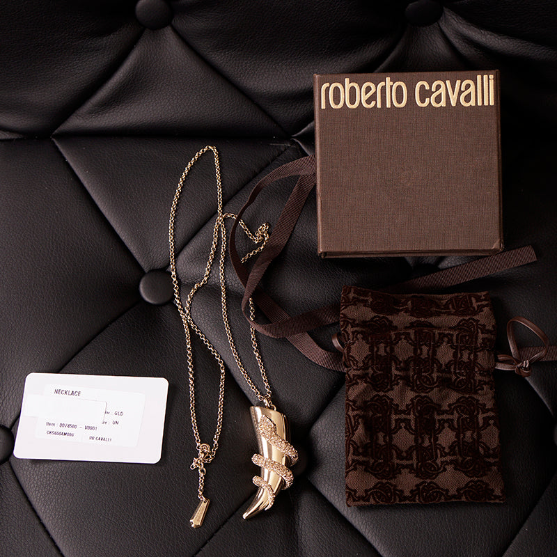 NEW $715 ROBERTO CAVALLI Gold Tone SNAKE HORN Swarovski Crystal Long NECKLACE
