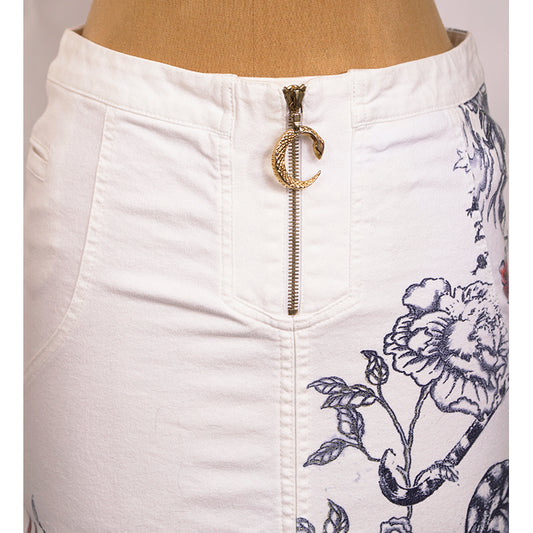 sz M VINTAGE ROBERTO CAVALLI 2003 TATTOO TIGER Floral FLAME HEART Cotton SKIRT