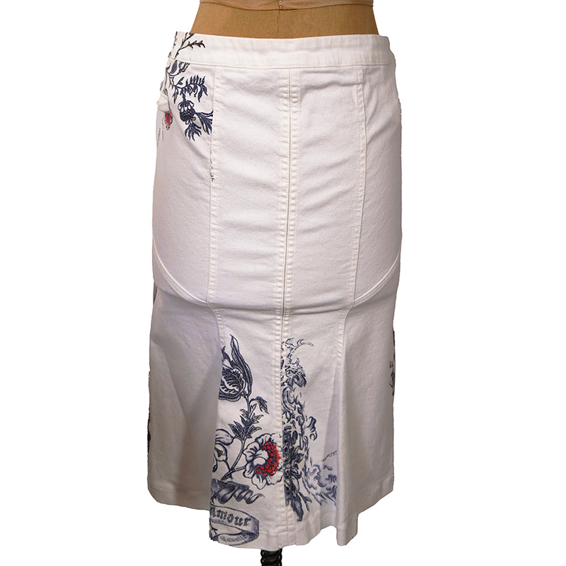 sz M VINTAGE ROBERTO CAVALLI 2003 TATTOO TIGER Floral FLAME HEART Cotton SKIRT