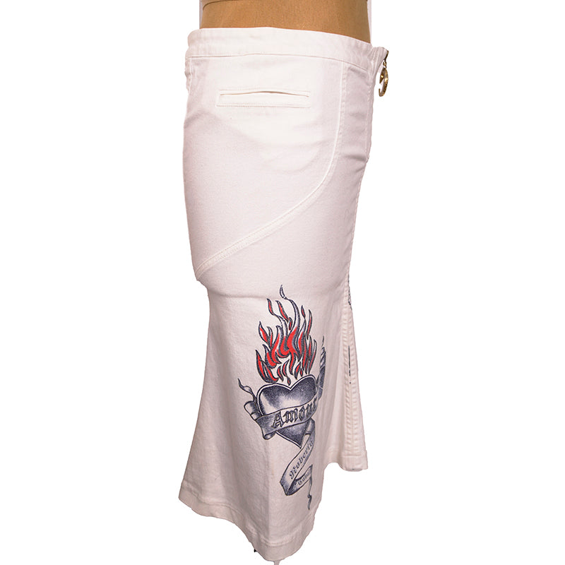 sz M VINTAGE ROBERTO CAVALLI 2003 TATTOO TIGER Floral FLAME HEART Cotton SKIRT