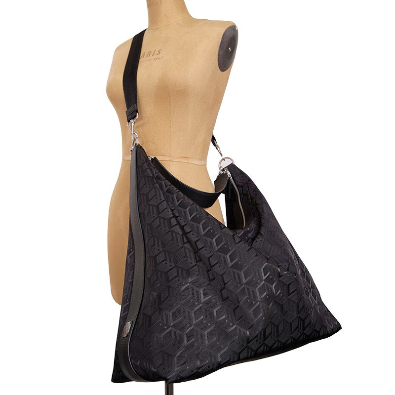 NEW $950 MCM Black CUBIC LOGO Monogram Nylon Sporty Aren X-Large Hobo 2-Way BAG