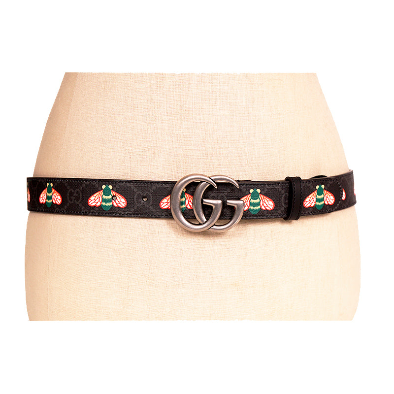 90/36 NEW $570 GUCCI Men's Black/Gray Supreme Coated Canvas GG LOGO BEE BELT NWT