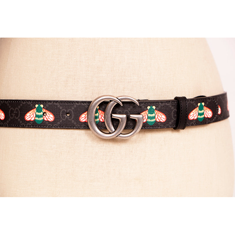 90/36 NEW $570 GUCCI Men's Black/Gray Supreme Coated Canvas GG LOGO BEE BELT NWT