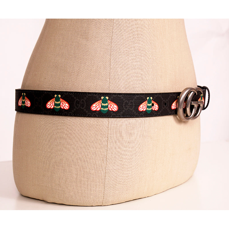 90/36 NEW $570 GUCCI Men's Black/Gray Supreme Coated Canvas GG LOGO BEE BELT NWT