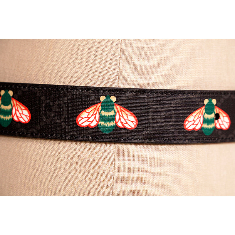 90/36 NEW $570 GUCCI Men's Black/Gray Supreme Coated Canvas GG LOGO BEE BELT NWT
