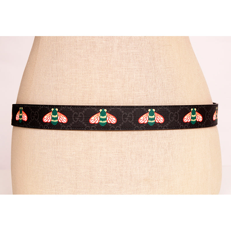 90/36 NEW $570 GUCCI Men's Black/Gray Supreme Coated Canvas GG LOGO BEE BELT NWT