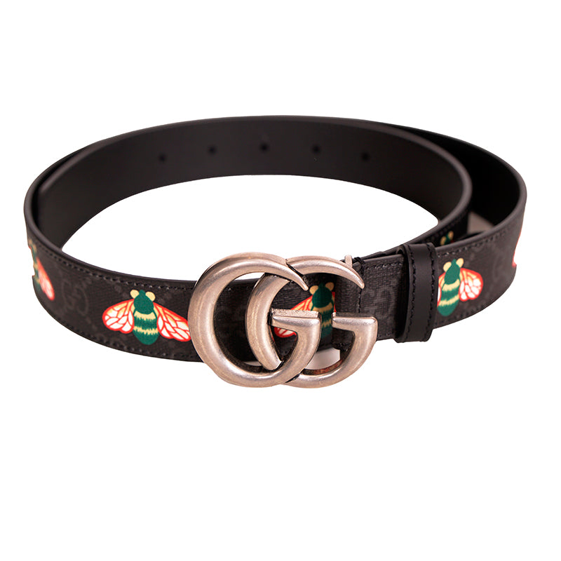 90/36 NEW $570 GUCCI Men's Black/Gray Supreme Coated Canvas GG LOGO BEE BELT NWT