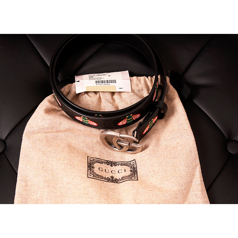 90/36 NEW $570 GUCCI Men's Black/Gray Supreme Coated Canvas GG LOGO BEE BELT NWT