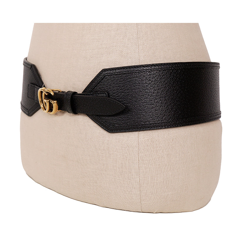 85/34 NEW $695 GUCCI Woman Black Leather GOLD GG MARMONT LOGO Wide Waist BELT