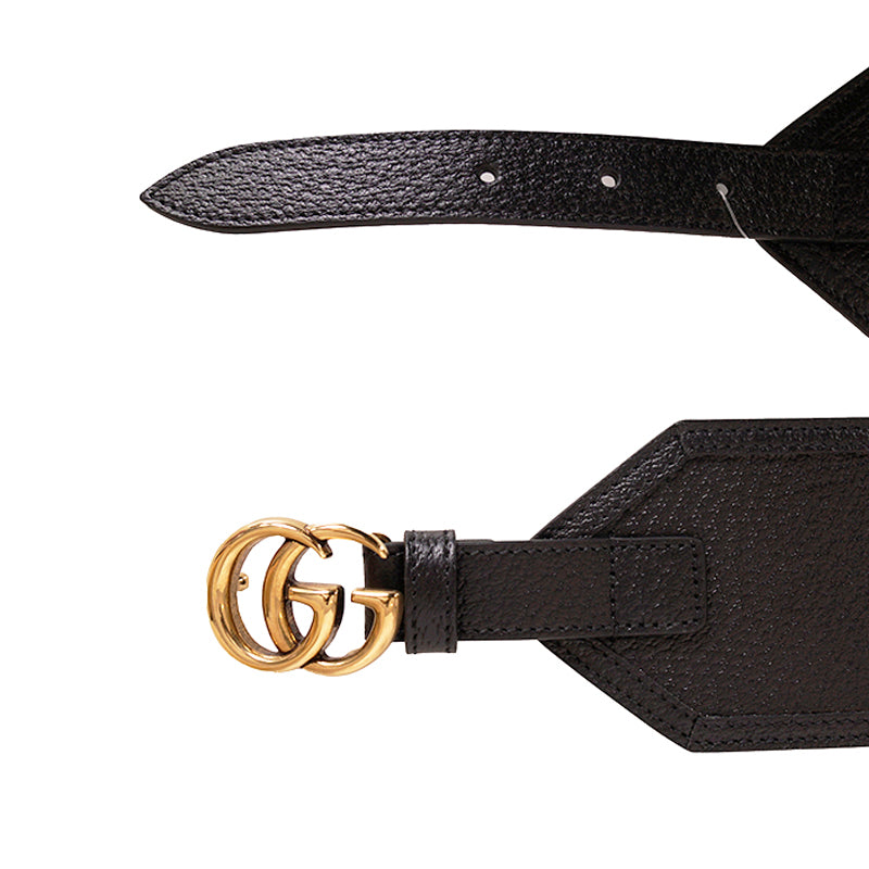 85/34 NEW $695 GUCCI Woman Black Leather GOLD GG MARMONT LOGO Wide Waist BELT