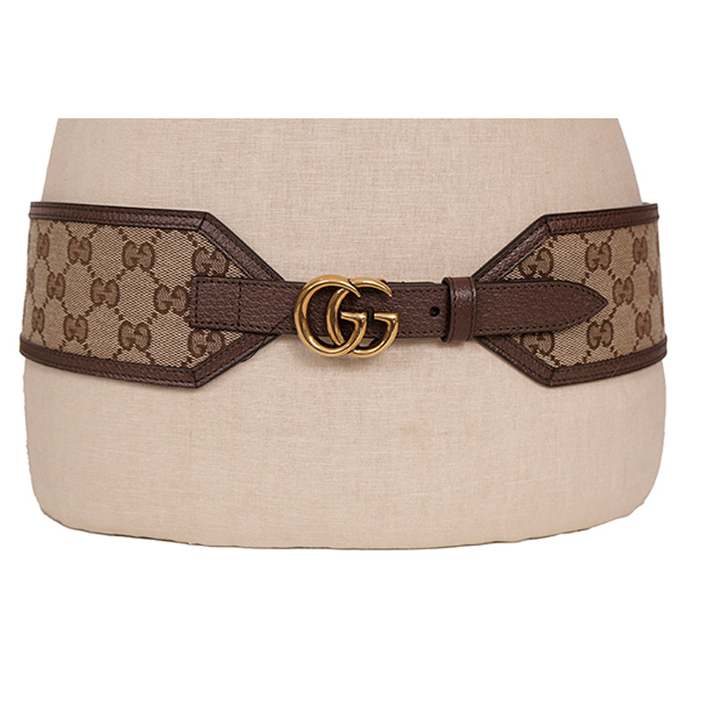 90/36 NEW $595 GUCCI Woman Brown Canvas GOLD GG MARMONT LOGO Wide Waist BELT NIB