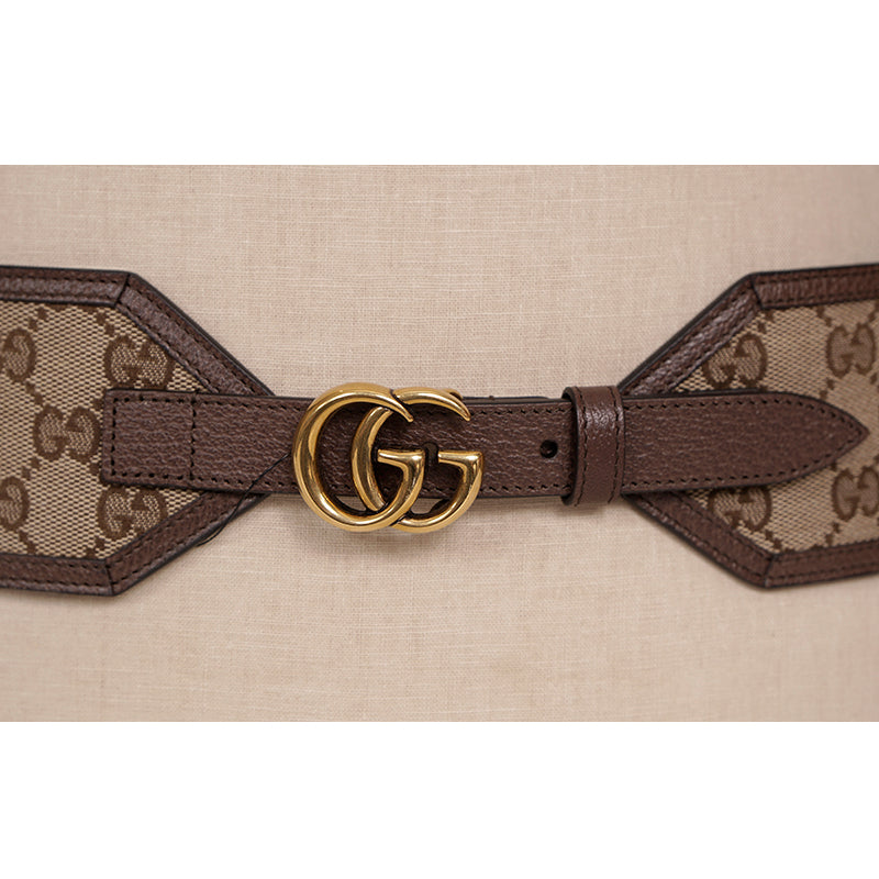 90/36 NEW $595 GUCCI Woman Brown Canvas GOLD GG MARMONT LOGO Wide Waist BELT NIB