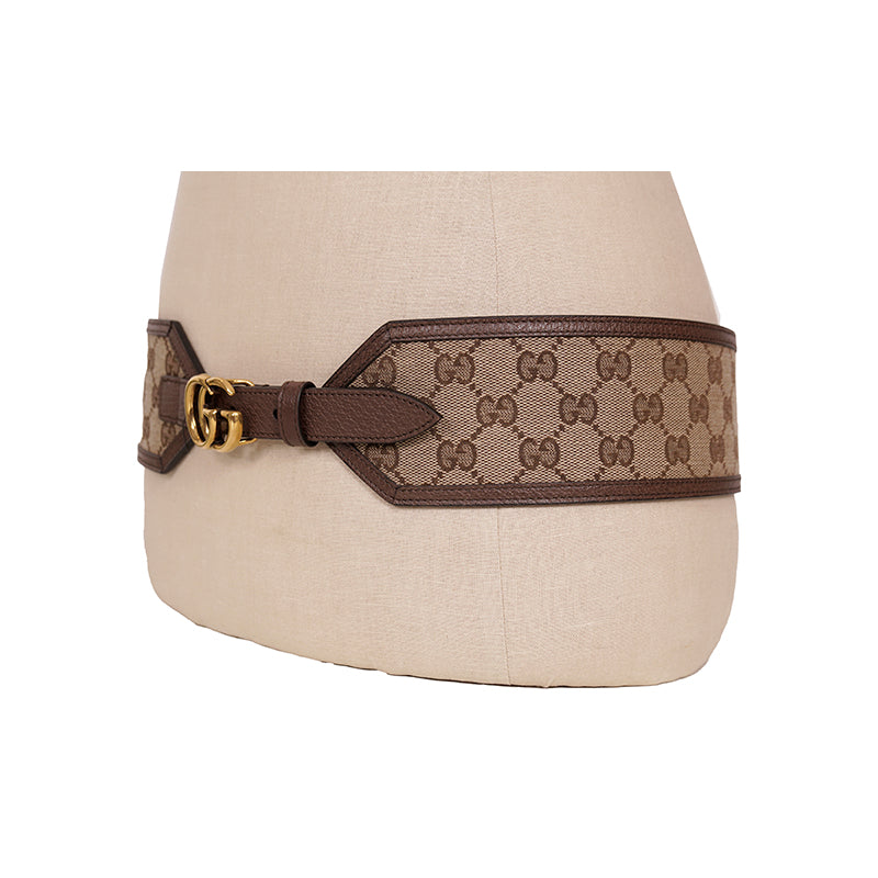90/36 NEW $595 GUCCI Woman Brown Canvas GOLD GG MARMONT LOGO Wide Waist BELT NIB