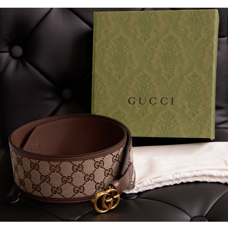 90/36 NEW $595 GUCCI Woman Brown Canvas GOLD GG MARMONT LOGO Wide Waist BELT NIB