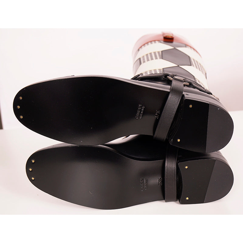 37.5 NEW $2100 GUCCI RUNWAY Black White Optical RIDING BOOTS & HORSEBIT HARNESS