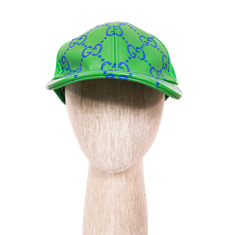 M NEW $600 GUCCI Green Perforated Leather GG LOGO Monogram Unisex BASEBALL HAT