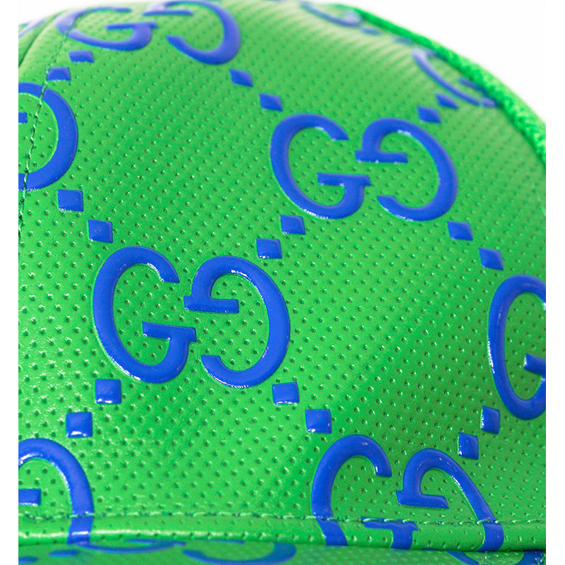 M NEW $600 GUCCI Green Perforated Leather GG LOGO Monogram Unisex BASEBALL HAT