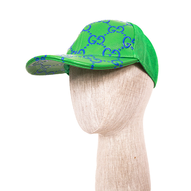 M NEW $600 GUCCI Green Perforated Leather GG LOGO Monogram Unisex BASEBALL HAT