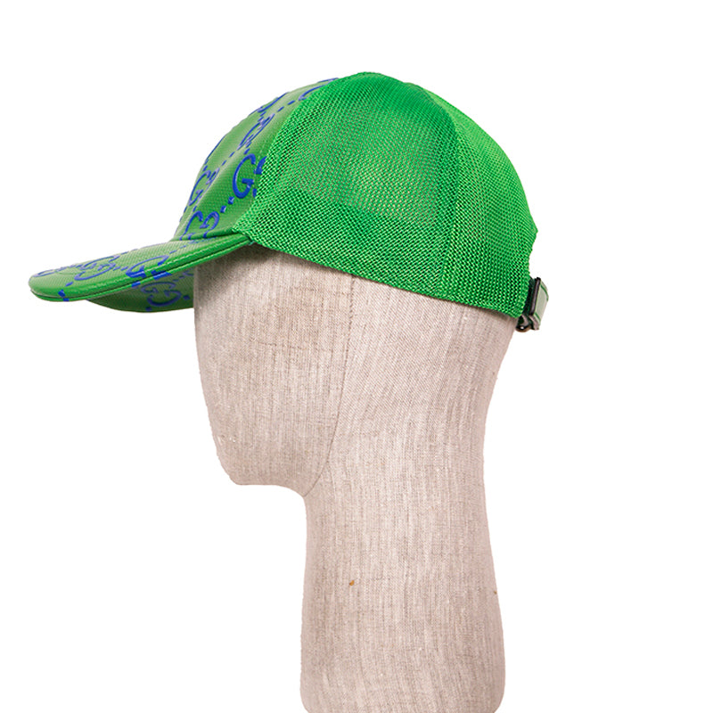 M NEW $600 GUCCI Green Perforated Leather GG LOGO Monogram Unisex BASEBALL HAT