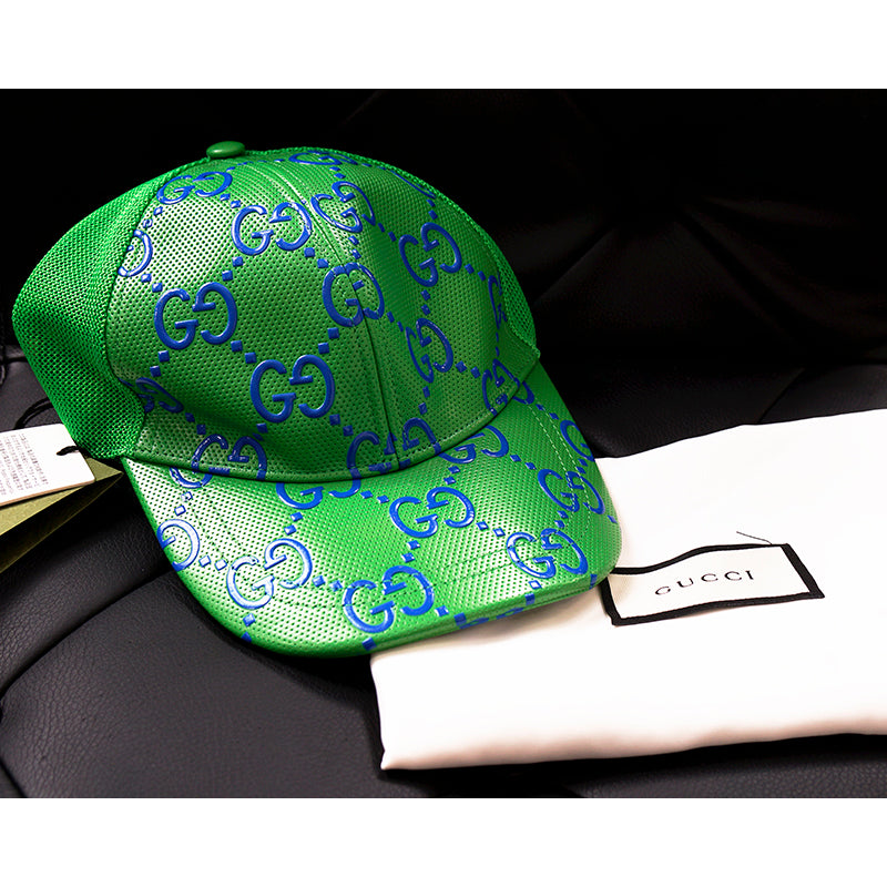 M NEW $600 GUCCI Green Perforated Leather GG LOGO Monogram Unisex BASEBALL HAT