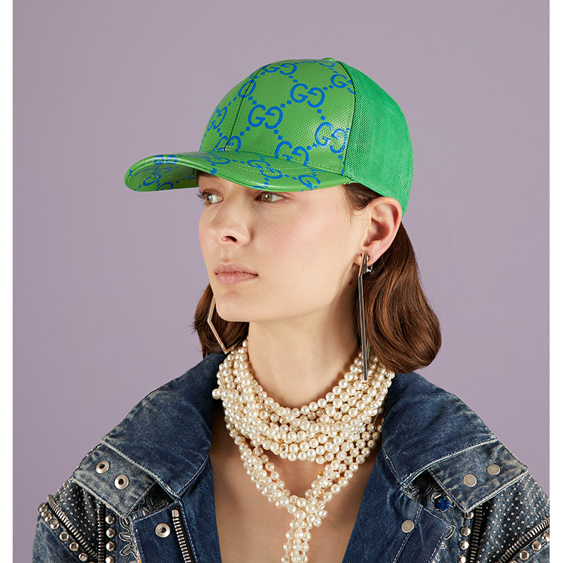 M NEW $600 GUCCI Green Perforated Leather GG LOGO Monogram Unisex BASEBALL HAT