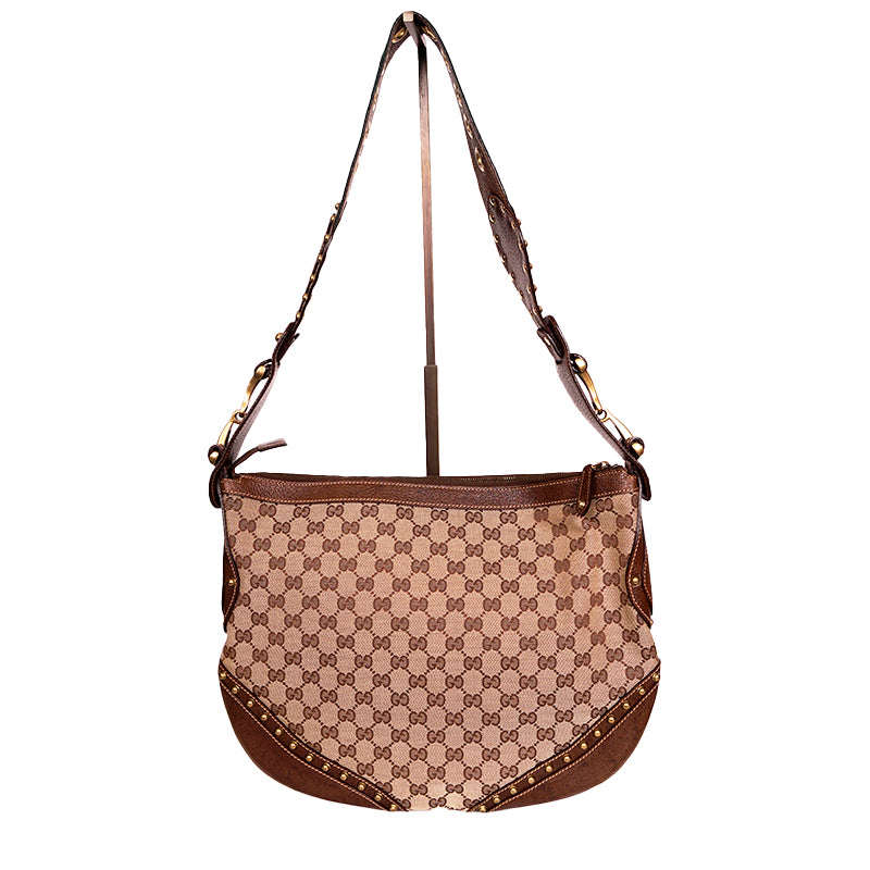 2005 VINTAGE GUCCI Brown GG Canvas Leather Pelham PRINT AD RUNWAY Messenger BAG