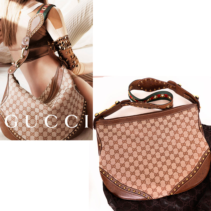 2005 VINTAGE GUCCI Brown GG Canvas Leather Pelham PRINT AD RUNWAY Messenger BAG