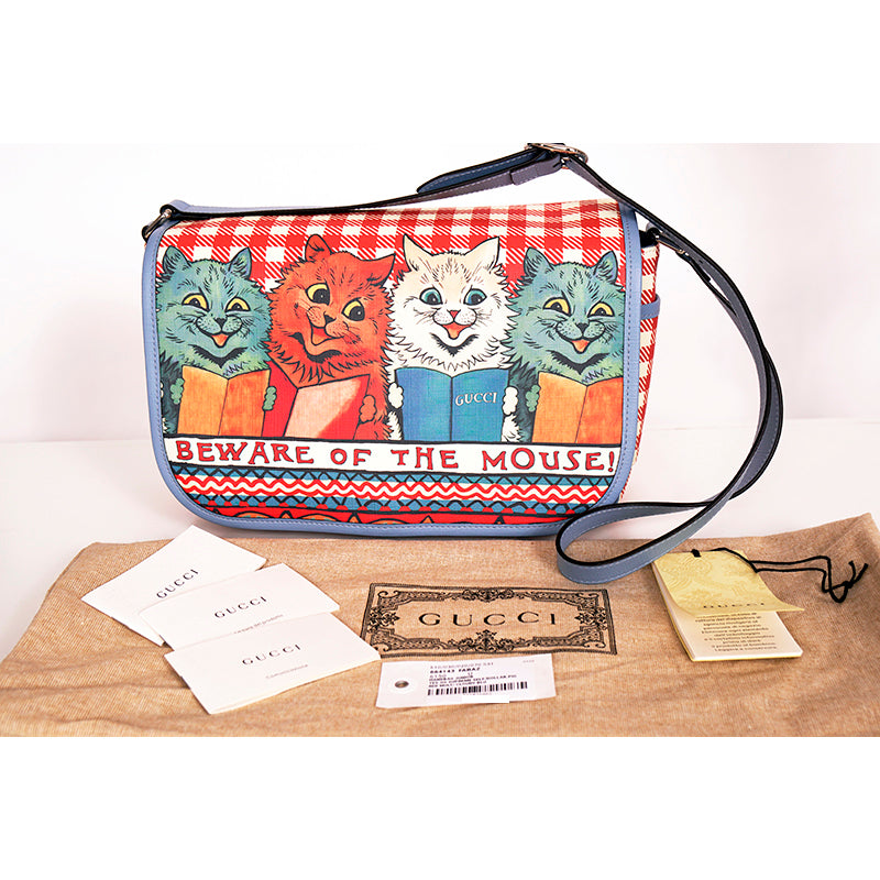 NEW GUCCI JUNIOR Coated Canvas LOUIS WAIN CAT BEWARE OF THE MOUSE Flap BAG NWT