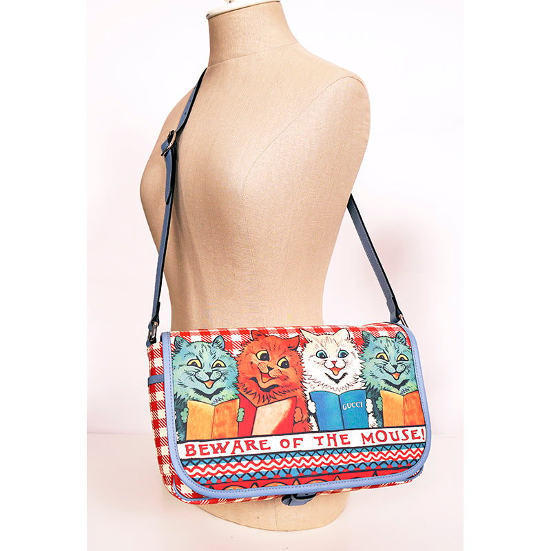 NEW GUCCI JUNIOR Coated Canvas LOUIS WAIN CAT BEWARE OF THE MOUSE Flap BAG NWT