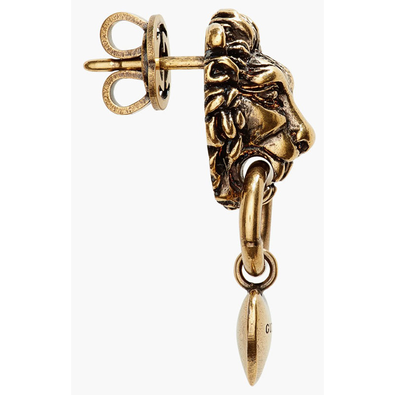 NEW $460 GUCCI Woman's Aged Brass LION HEAD HEART LOGO Dangle Pierced EARRINGS
