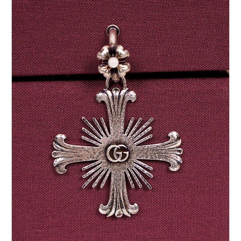 NEW $595 GUCCI Sterling Silver Maltese CROSS Flower Pearl CLIP ON SINGLE EARRING