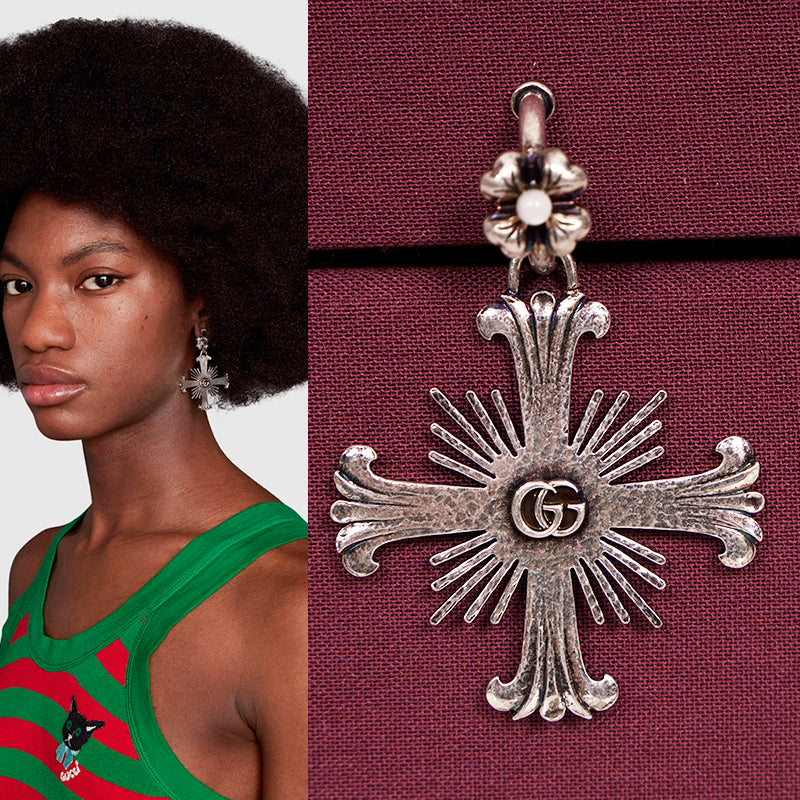 NEW $595 GUCCI Sterling Silver Maltese CROSS Flower Pearl CLIP ON SINGLE EARRING