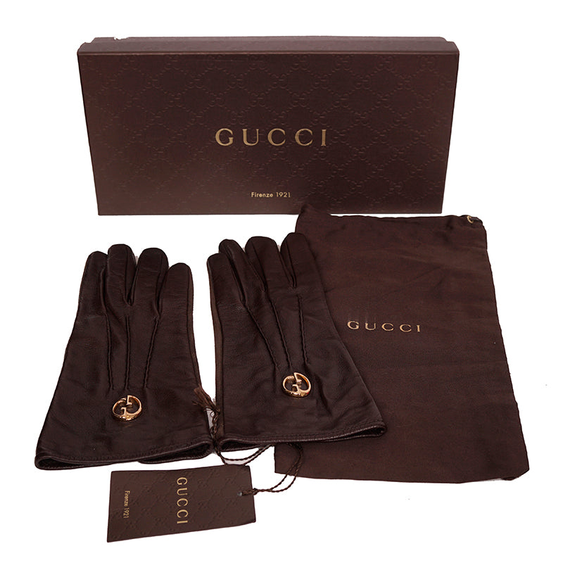 8.5 NEW $730 GUCCI Brown NAPPA LEATHER & Suede 1973 GG LOGO DRIVING GLOVES NIB
