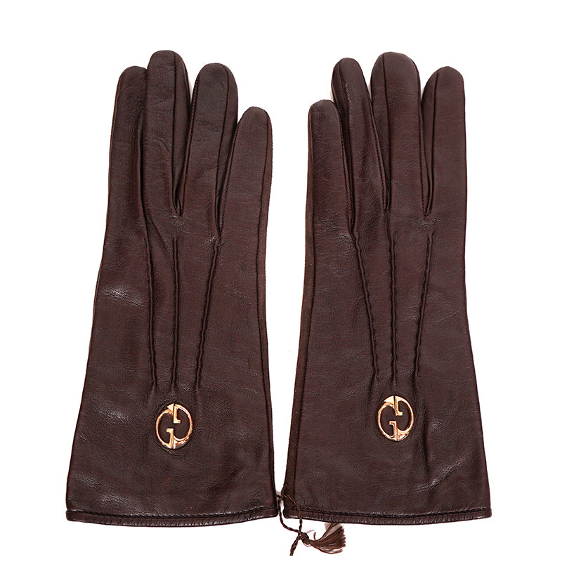 8.5 NEW $730 GUCCI Brown NAPPA LEATHER & Suede 1973 GG LOGO DRIVING GLOVES NIB