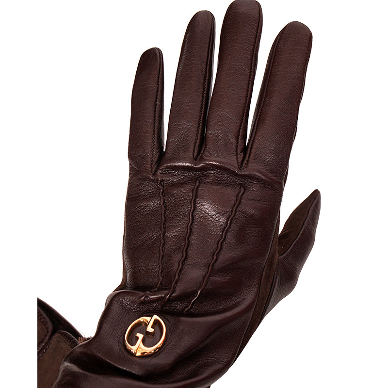 8.5 NEW $730 GUCCI Brown NAPPA LEATHER & Suede 1973 GG LOGO DRIVING GLOVES NIB