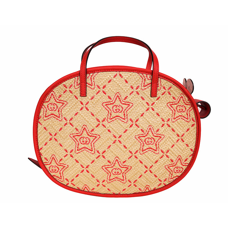 NEW $950 GUCCI JUNIOR Red Leather Trim RAFFIA GG LOGO Cosmogonie SNAIL TOTE BAG