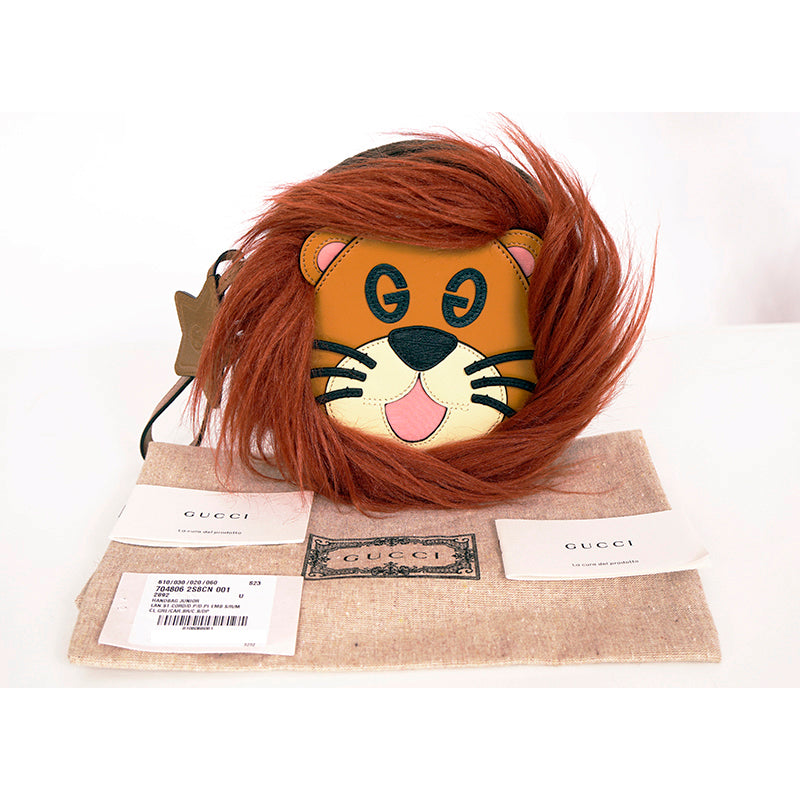 NEW GUCCI JUNIOR Lion GG EYES Leather Appliqué Brown Corduroy Pouch WRISTLET BAG