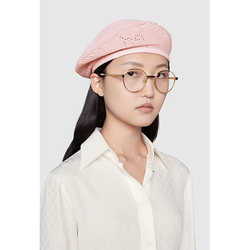 sz M NEW $620 GUCCI Pink Crochet GG LOGO Monogram Cotton Blend Knit BERET HAT