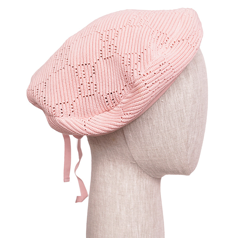 sz M NEW $620 GUCCI Pink Crochet GG LOGO Monogram Cotton Blend Knit BERET HAT