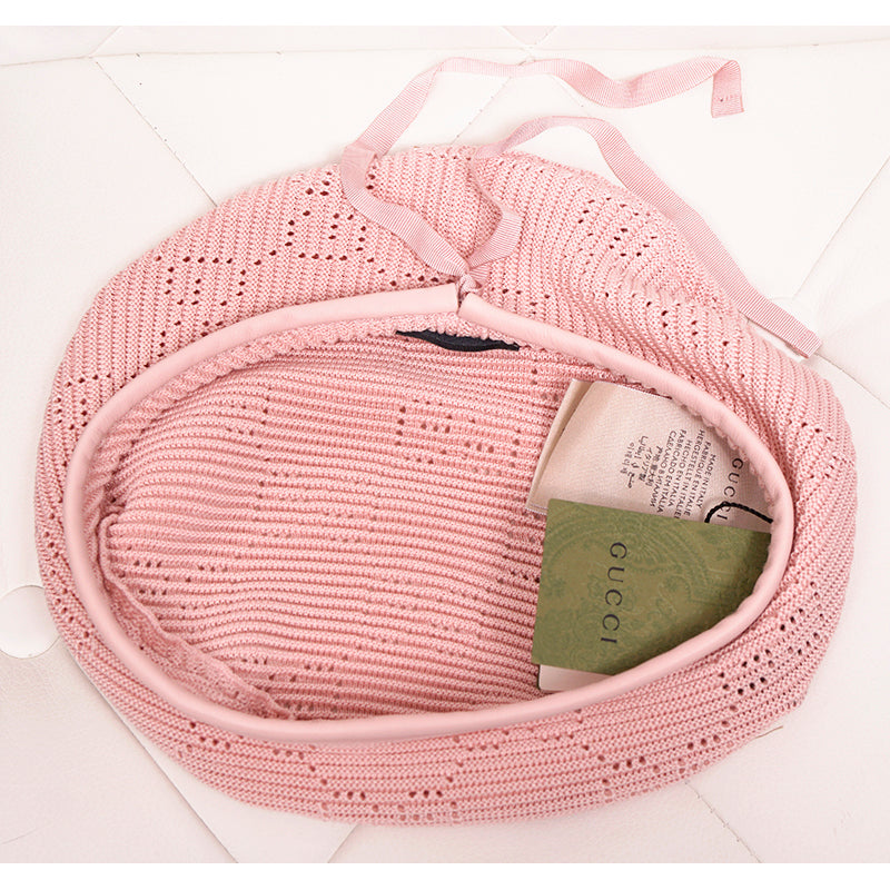 sz M NEW $620 GUCCI Pink Crochet GG LOGO Monogram Cotton Blend Knit BERET HAT
