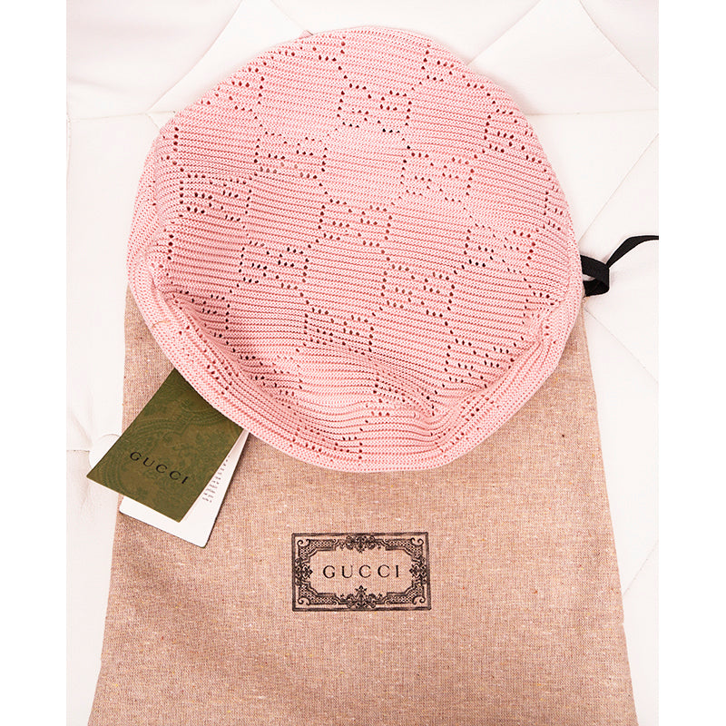 sz M NEW $620 GUCCI Pink Crochet GG LOGO Monogram Cotton Blend Knit BERET HAT