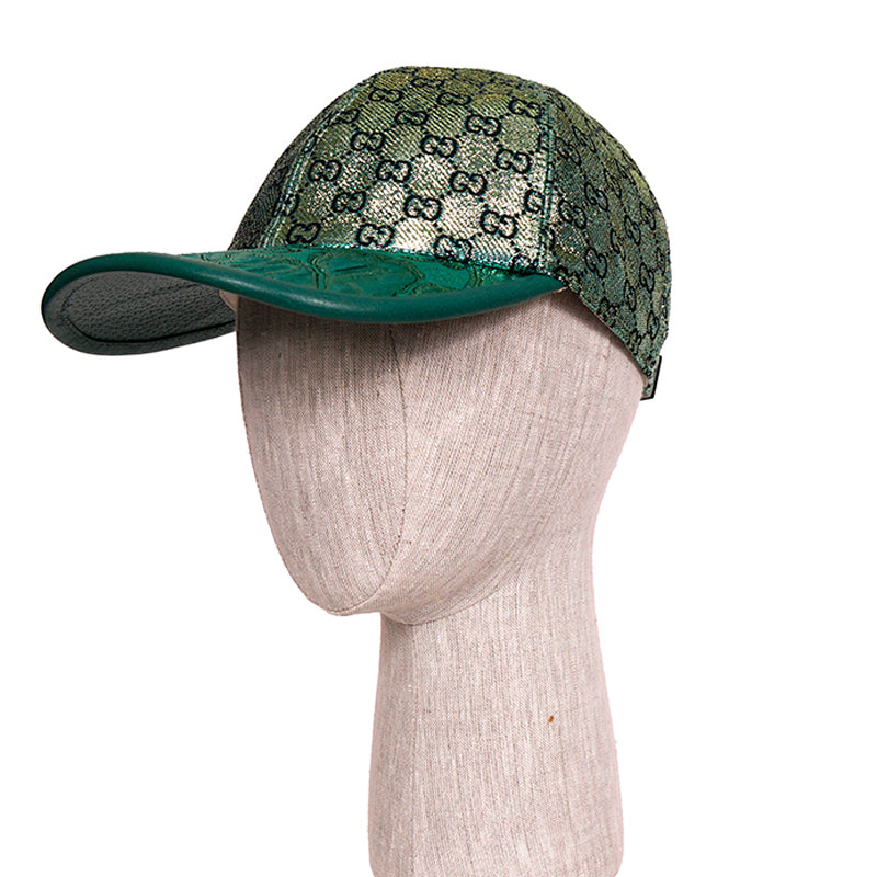 M NEW $685 GUCCI Green GG LAME Silk Blend Jacquard Monogram Unisex BASEBALL HAT