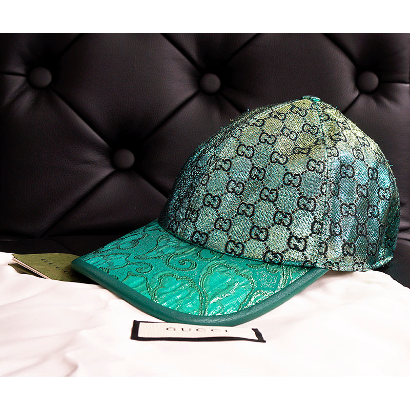 M NEW $685 GUCCI Green GG LAME Silk Blend Jacquard Monogram Unisex BASEBALL HAT