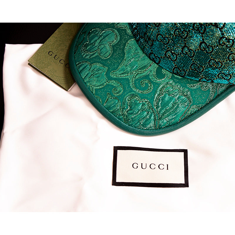 M NEW $685 GUCCI Green GG LAME Silk Blend Jacquard Monogram Unisex BASEBALL HAT