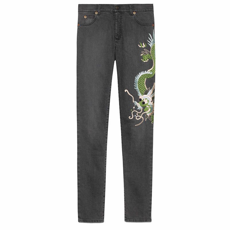 sz 28 NEW $1300 GUCCI Gray GREEN CHINESE DRAGON EMBROIDERY Denim SKINNY JEANS