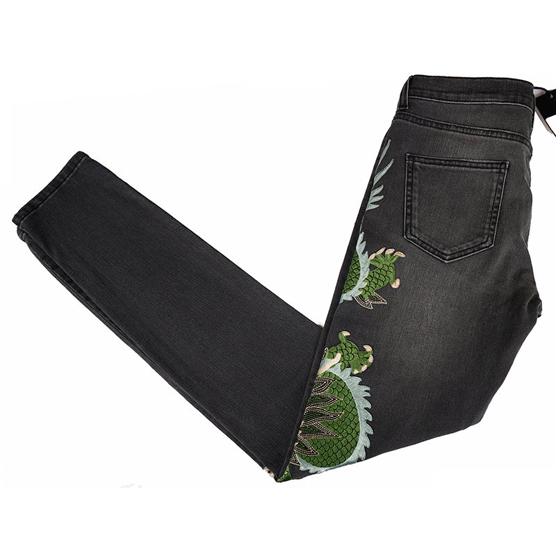 sz 28 NEW $1300 GUCCI Gray GREEN CHINESE DRAGON EMBROIDERY Denim SKINNY JEANS